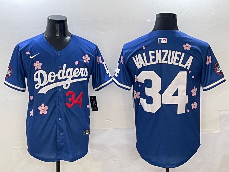 Men Los Angeles Dodgers #34 Valenzuela Blue Sakura Edition 2025 Nike MLB Jersey style 4->los angeles dodgers->MLB Jersey
